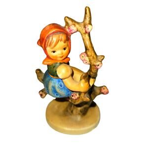 Goebel Hummel Girl on a Apple tree branch swing blue skirt orange handkerchief